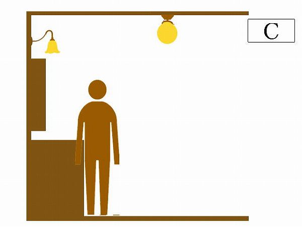 収納鏡の上のブラケット照明はその厚さをかわして前面に出ないといけない、と考えたケース