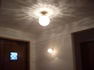 アンティーク調のおしゃれな天井灯が、壁の小さなバラのブラケットライトとともに設置されている