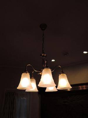 ホビールームのおしゃれな照明に、飽きの来ないシェード822/SATを使った５灯のシャンデリア-PB811/5+822/SAT
